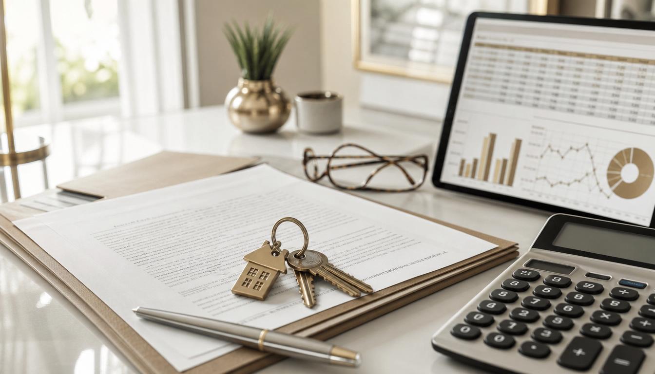 Real estate tax and accounting analysis desk with property keys, documents, and financial charts